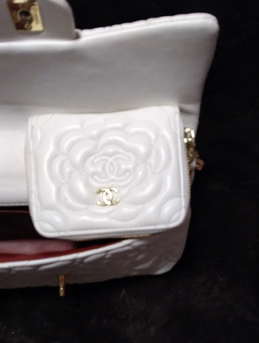 CHANEL White Quilted Camellia Charm Shoulder Bag with Gold Accents